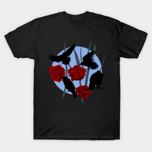 Black ravens from above with red roses T-Shirt